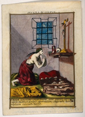 view Saint Rose of Lima. Coloured engraving by C. Galle II.