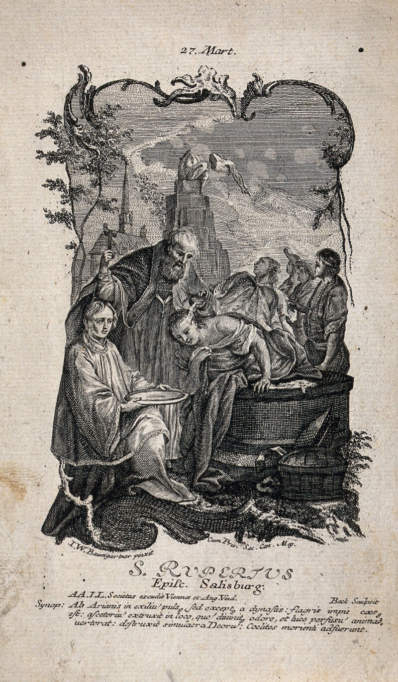 Saint Rupert of Salzburg. Etching by Bock after J.W. Baumgartner., by Johann Wolfgang Baumgartner