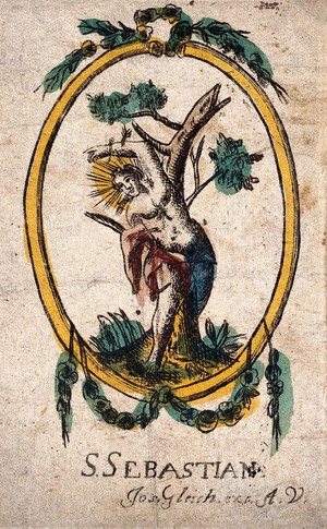 view Martyrdom of Saint Sebastian. Coloured etching by J. Gleich.