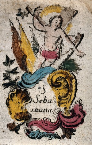 view Martyrdom of Saint Sebastian. Coloured engraving.