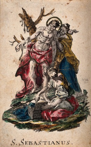 view Martyrdom of Saint Sebastian. Coloured etching.