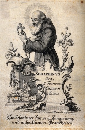 view Saint Seraphinus. Etching by J.E. Mansfeld.