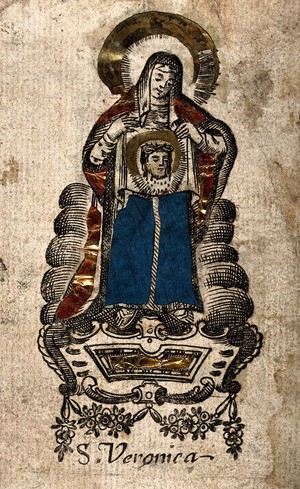 view Saint Veronica. Engraving with cutouts, gold foil and blue cloth.