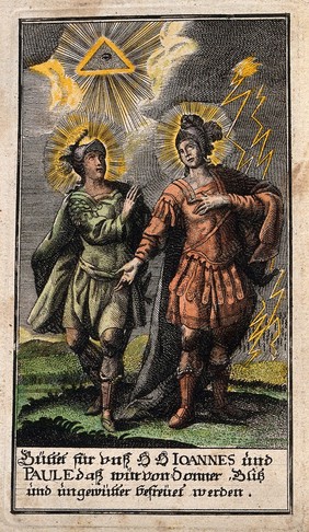 Saint John and Saint Paul as protectors against storm, thunder and lightning. Coloured engraving.