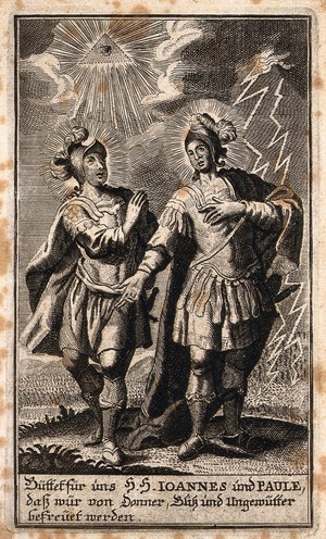 view Saint John and Saint Paul as protectors against storm, thunder and lightning. Engraving.