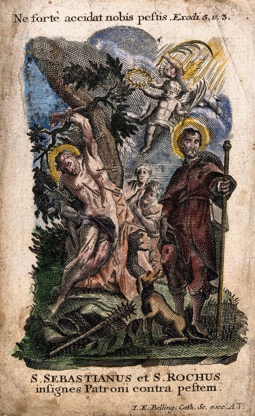 Saint Sebastian and Saint Roch as plague saints and martyrs. Coloured engraving by I.E. Belling.