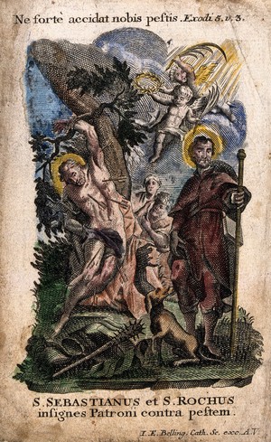 view Saint Sebastian and Saint Roch as plague saints and martyrs. Coloured engraving by J.E. Belling.