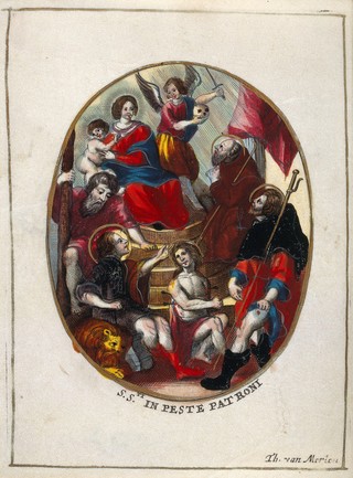 The Virgin with Christ Child, the Archangel Michael and the plague saints, Saint Christopher, Saint Anthony Abbot, Saint Adrian, Saint Sebastian and Saint Roch. Coloured engraving by T. Van Merlen.