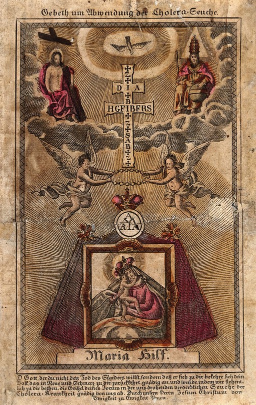 An image of the Virgin of Succour as Intercessor in Cholera; above an appearance of the Trinity and a plague cross. Coloured etching.