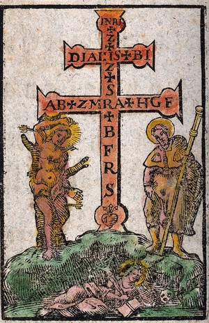 view The Holy Cross with Saint Sebastian, Saint Roch and Saint John Nepomuk, serving as an amulet against plagues, witchcraft etc. Coloured woodcut.