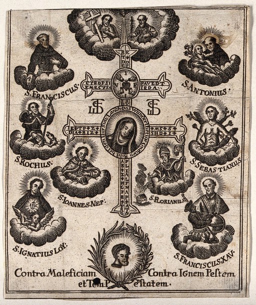 A plague cross with the image of the Virgin of the Ursulines at Lace, surrounded by St. Francis, St. Roch, St. John Nepomuk, St. Ignatius, St. Francis Xavier, St. Florian, St. Sebastian, St. Anthony of Padua and the Trinity. Etching.