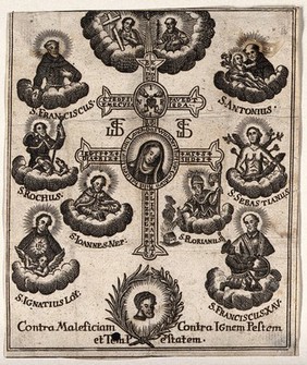 A cross with the image of the Virgin of the Ursulines at Landshut, surrounded by saints, used to protect against witchcraft, fire, plague and storms. Etching.