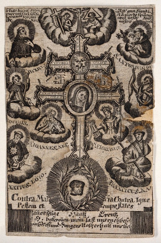 A plague cross with the image of the Virgin of the Ursulines at Lace, surrounded by St. Francis, St. Roch, St. John Nepomuk, St. Ignatius, St. Francis Xavier, St. Floriam, St. Sebastian, St. Anthony of Padua and the Trinity. Etching.