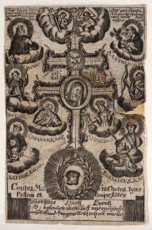 view The Holy Cross with the image of the Virgin of the Ursulines at Landshut, surrounded by saints, used for protection against witchcraft, fire, plague and storms. Etching.