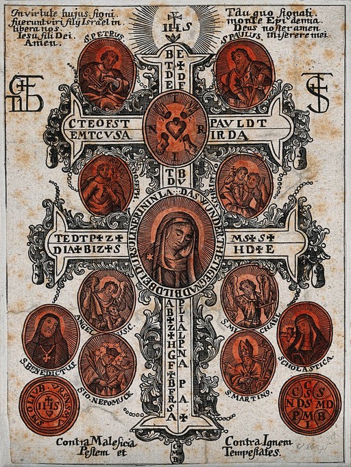 A plague cross with the Virgin of the Ursulines at Lace, the wounds of Christ, St. Peter, St. Paul, St. Joseph, St. Christopher, the Archangel Gabriel(?), St. Michael, St. Benedict, St. John Nepomuk, St. Martin and St. Scholastica. Etching.