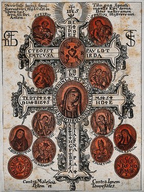 A cross with the Virgin of the Ursulines at Landshut, the wounds of Christ, and saints used against witchcraft, fire, plague, and storms. Etching.