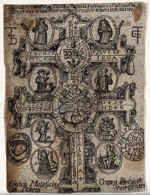 A plague cross with the Trinity, the Virgin, St. Joseph, St. Christopher, St. Scholastica, St. Anthony Abbot, St. Sebastian, St. Roch, St. Florian and two unidentified saints. Etching.