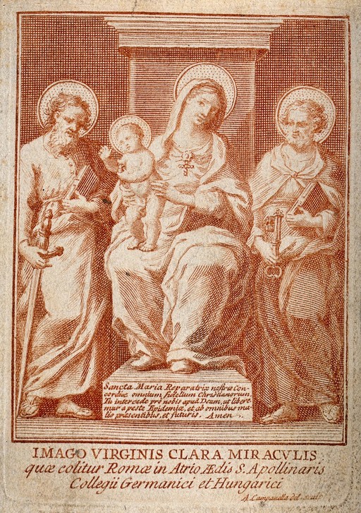 The Virgin and Child with St. Peter and St. Paul in the atrium of S. Apollinaris in the Collegium Germanicum et Hungaricum in Rome. Sanguine engraving by A. Campanella after himself.