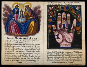 view A hand with images of saints in the digits, as a mnemonic for good Christian conduct. Coloured engraving.