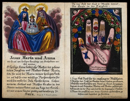 A hand with images of saints in the digits, as a mnemonic for good Christian conduct. Coloured engraving.