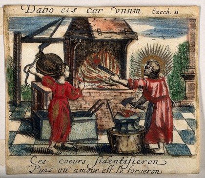 A blacksmith's forge, in which Divine Love prepares to hammer two hearts into one, with the aid of the Soul, who operates the bellows. Coloured etching, 16--.