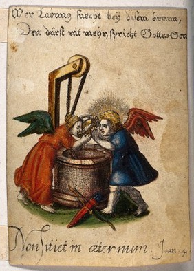 Christian Love giving drink from his well. Coloured etching.