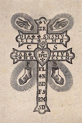 The Holy Cross with the wounds of Christ, serving as an amulet against plagues, witchcraft etc. Woodcut.