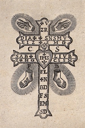 view The Holy Cross with the wounds of Christ, serving as an amulet against plagues, witchcraft etc. Woodcut.