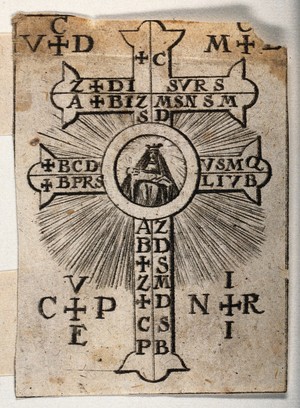 view The Holy Cross with the Virgin and Christ Child, serving as an amulet against plagues, witchcraft etc. Etching.