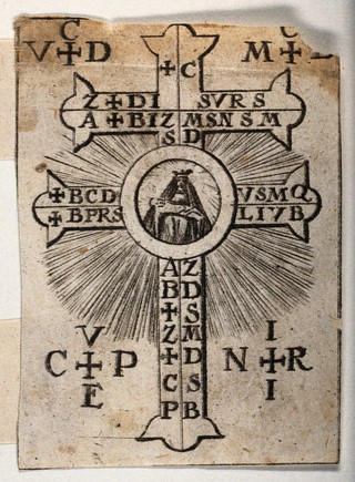 The Holy Cross with the Virgin and Christ Child, serving as an amulet against plagues, witchcraft etc. Etching.