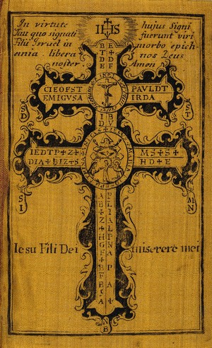 view The Holy Cross, serving as an amulet against plagues, witchcraft etc. Etching on silk.