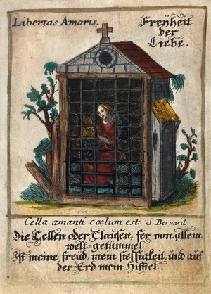 view An anchoress or nun of an enclosed order locked in her cell; representing the monastic cell as the heaven of the loving soul. Coloured engraving, 16--.