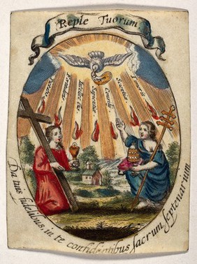 Faith and a female personification of the papacy before a small church; above them the dove of the Holy Spirit dispersing seven sacred gifts: fear, knowledge, council, wisdom, understanding, strength and piety. Coloured etching.