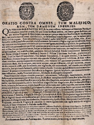 Protection against witchcraft and demons through the name and attributes of Jesus Christ. Woodcuts and letterpress, 159-.