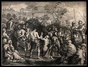 view Saint Andrew being led to martyrdom. Engraving attributed to J. Audran after G. Reni.