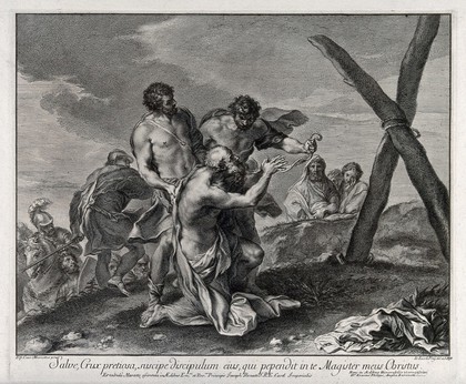 Martyrdom of Saint Andrew. Engraving by J. Frey after C. Maratta.