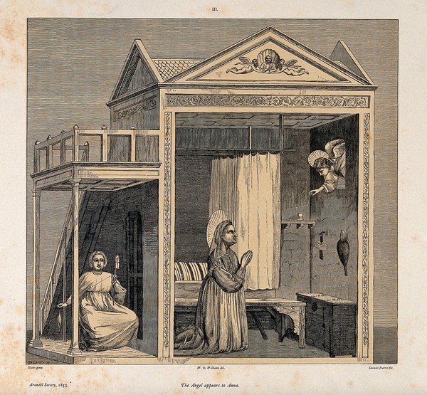 Saint Anne: an angel announces to her the birth of her daughter the Virgin Mary. Wood engraving by Dalziel Brothers, 1853, after W.O. Williams after Giotto.