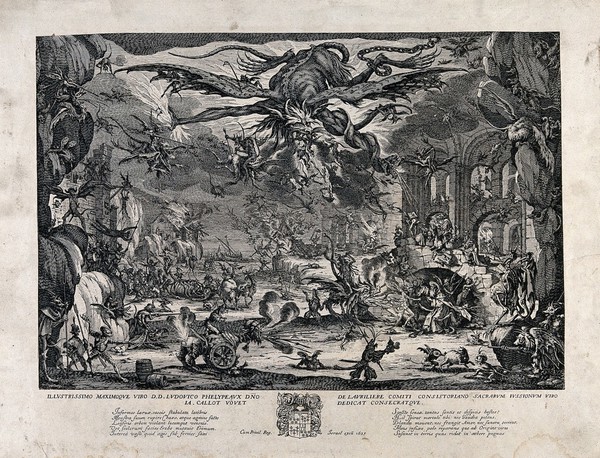 Saint Antony Abbot: his tormenting by devils. Engraving after J. Callot, 1635.