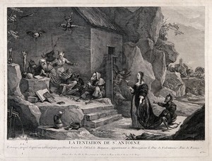 view Saint Antony Abbot: he is tormented by devils, one of whom is disguised as a woman offering him a glass. Engraving by J.P. Le Bas, 1747, after D. Teniers.