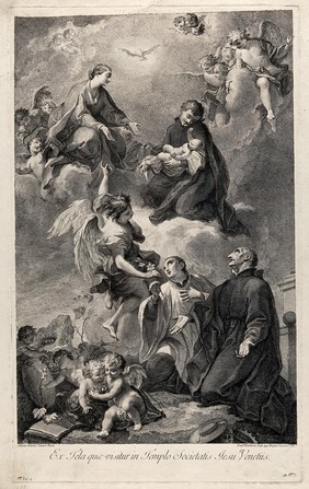 Saint Mary (the Blessed Virgin) with Saint Antony of Padua holding the Christ Child and Saint Philip Neri with Saint Charles Borromeo. Engraving by F. Bartolozzi after A. Balestra.