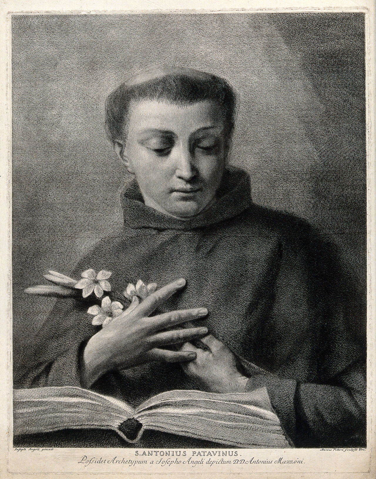 Saint Antony of Padua. Line engraving by M. Pitteri after G. Angeli., 1700-1799, by Giuseppe Angeli
