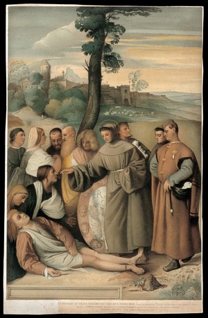 view Saint Antony of Padua. Colour lithograph, 1873, by L. Gruner after E. Kaiser after Titian.
