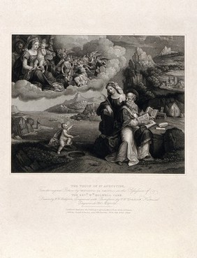 Saint Augustine of Hippo: a child compares its attempt to empty the sea with a spoon with Saint Augustine's attempts understand the Holy Trinity. Stipple engraving by P.W. Tomkins, 1816, after W.W. Hodgson after B. Tisi, il Garofalo.