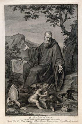 Saint Benedict of Nursia: while he lives as a hermit in a cave near Subiaco, a raven protects him from poisoned bread (represented by a snake emerging from a loaf). Engraving by J. Frey after G. Anziani after Carlo Cignani.