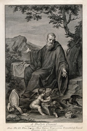 view Saint Benedict of Nursia: while he lives as a hermit in a cave near Subiaco, a raven protects him from poisoned bread (represented by a snake emerging from a loaf). Engraving by J. Frey after G. Anziani after Carlo Cignani.