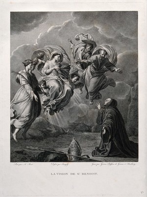 view Saint Benedict. Engraving by C. Guérin after G.G. Serangeli after E. Le Sueur.