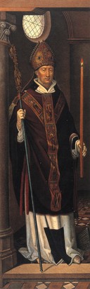 Saint Blaise. Colour lithograph by C. Schultz after H. Memlinc.