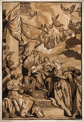 Saint Catherine of Alexandria. Colour woodcut by J.B. Jackson, 1740, after P. Veronese.