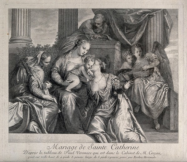Saint Catherine of Alexandria. Etching by F. Hortemels, 173-, after P. Caliari, il Veronese.