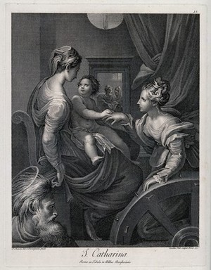 view Saint Catherine of Alexandria. Engraving by C. Tinti, 1771, after G.F.M. Mazzola, il Parmigianino.